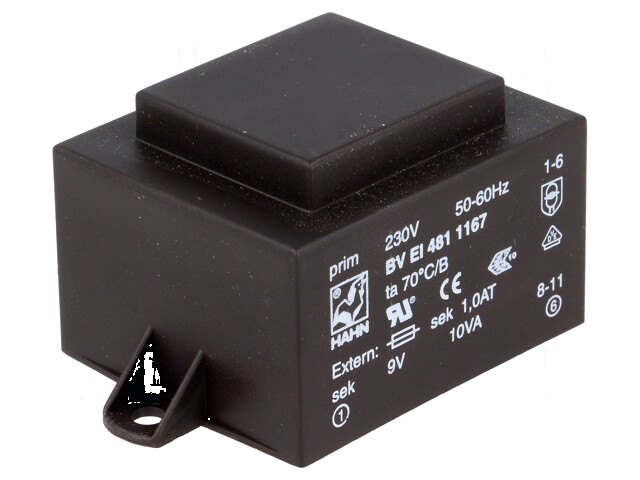 Transformator: ingegoten; 10VA; 230VAC; 9V; 1111mA; PCB; BVEI Transformator: ingegoten; 10VA; 230VAC; 9V; 1111mA; PCB; BVEI